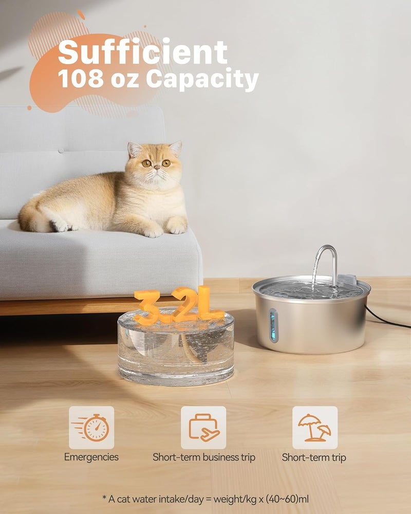 KOOGMOON Cat Water Fountain Stainless Steel: 108oz/3.2L Cat Fountain for Drinking - Pet Water Fountain for Cats Inside - Automatic Cat Water Dispenser Bowl - Cat Feeding & Watering Supplies 6 Filters 3 Sponges - Image 2
